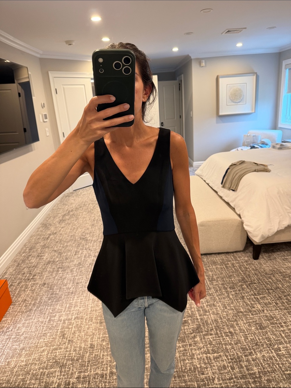 Jay Godfrey Navy & Black V-Neck Peplum Tank Top